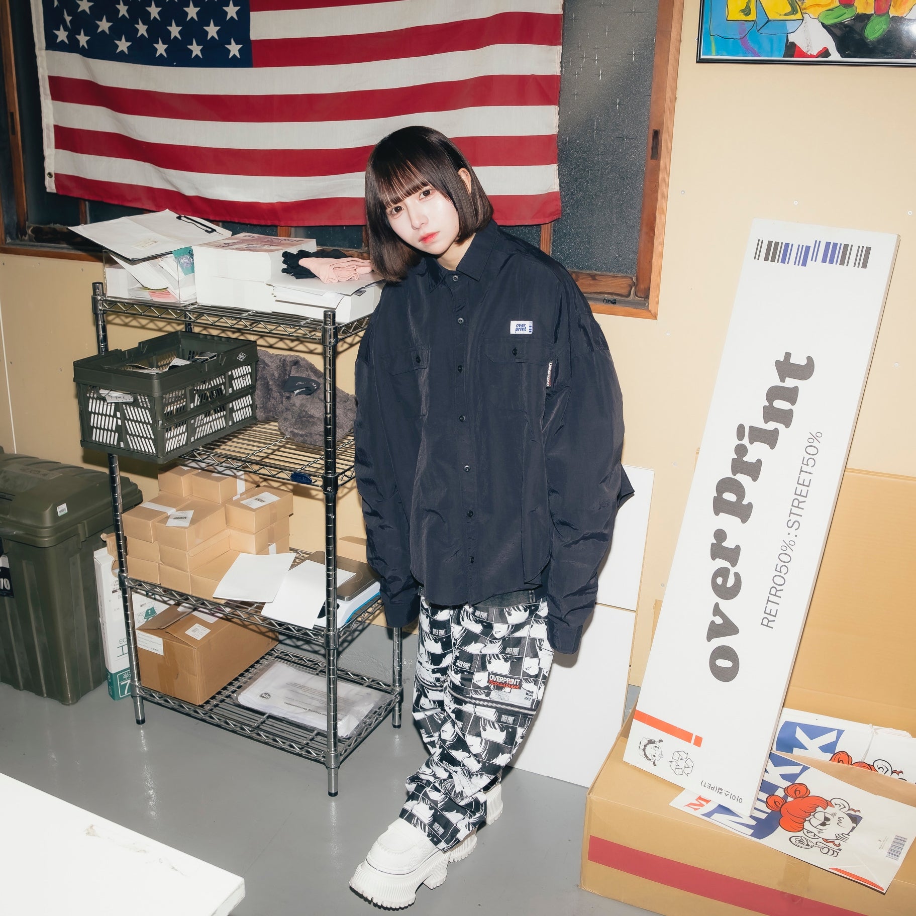✰over print✰【新品同様】✰patch shirts black over print (オーバープリント)